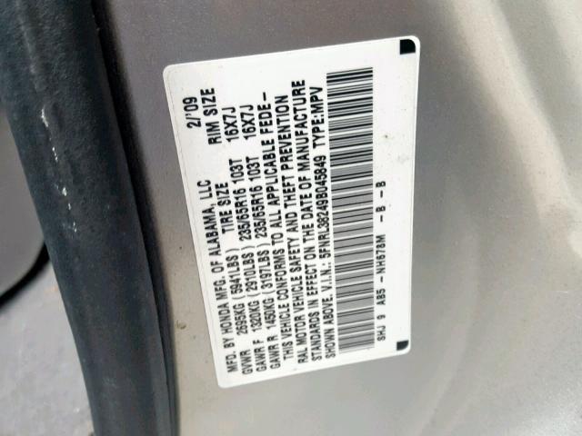 5FNRL38249B045849 - 2009 HONDA ODYSSEY LX GOLD photo 10