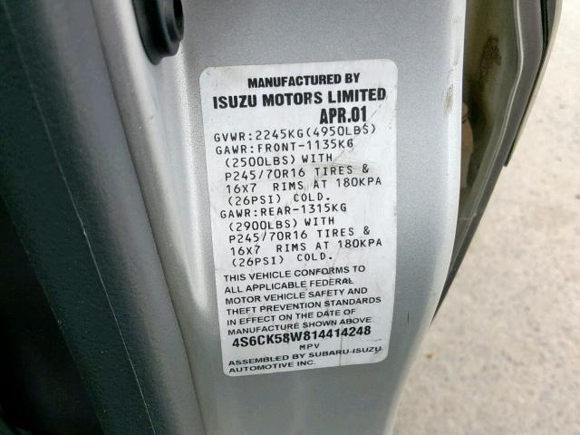 4S6CK58W814414248 - 2001 HONDA PASSPORT E SILVER photo 10