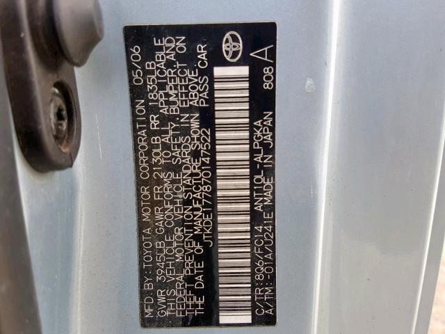 JTKDE177870147522 - 2007 TOYOTA SCION TC BLUE photo 10