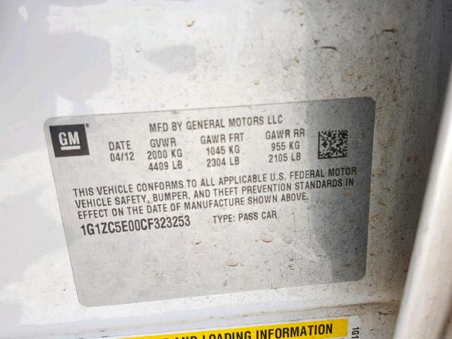 1G1ZC5E00CF323253 - 2012 CHEVROLET MALIBU 1LT 白色 照片 10