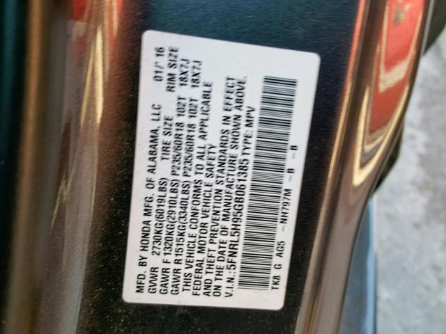 5FNRL5H95GB061385 - 2016 HONDA ODYSSEY TO GRAY photo 10