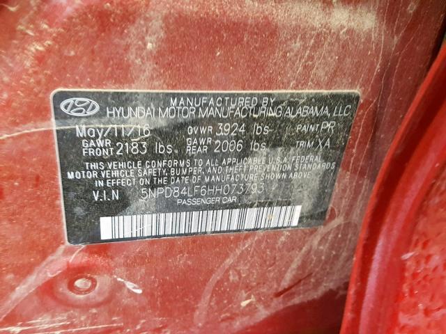 5NPD84LF6HH073793 - 2017 HYUNDAI ELANTRA RED photo 10