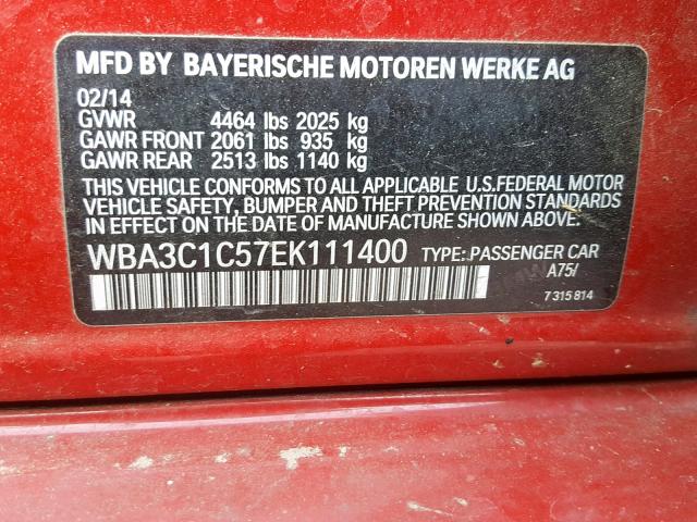 WBA3C1C57EK111400 - 2014 BMW 328 I SULE RED photo 10