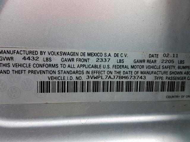 3VWPL7AJ7BM673743 - 2011 VOLKSWAGEN JETTA TDI SILVER photo 10