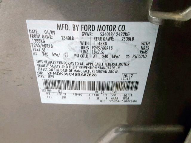 2FMDK39C49BA87628 - 2009 FORD EDGE LIMIT CHARCOAL photo 10