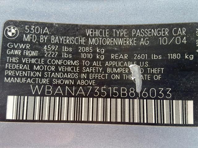 WBANA73515B816033 - 2005 BMW 530 I GRAY photo 10