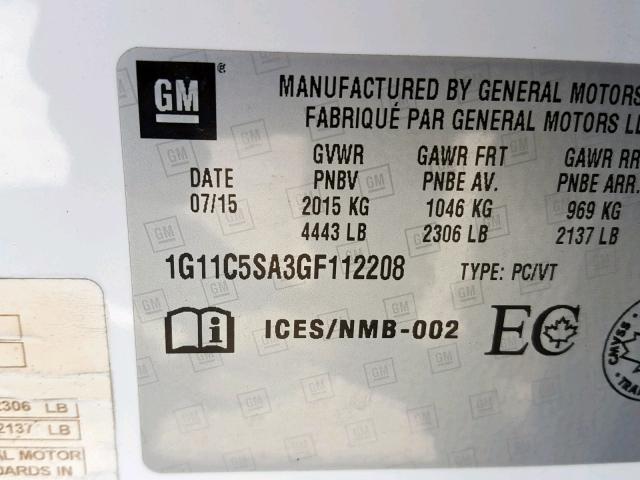 1G11C5SA3GF112208 - 2016 CHEVROLET MALIBU LIM 白色 照片 10