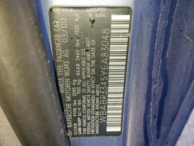 WBABR3345YEA83048 - 2000 BMW 323 CI BLUE photo 10