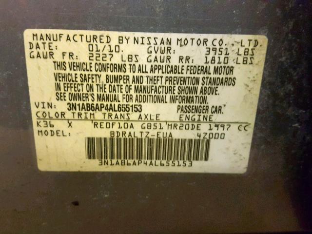 3N1AB6AP4AL655153 - 2010 NISSAN SENTRA 2.0 SILVER photo 10