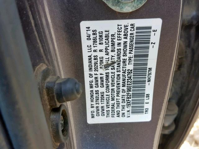 19XFB2F96EE234762 - 2014 HONDA CIVIC EXL CHARCOAL photo 10