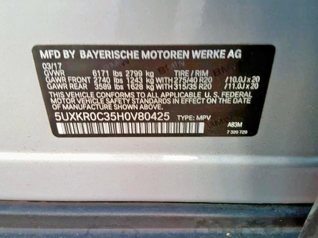 5UXKR0C35H0V80425 - 2017 BMW X5 XDRIVE3 SILVER photo 10