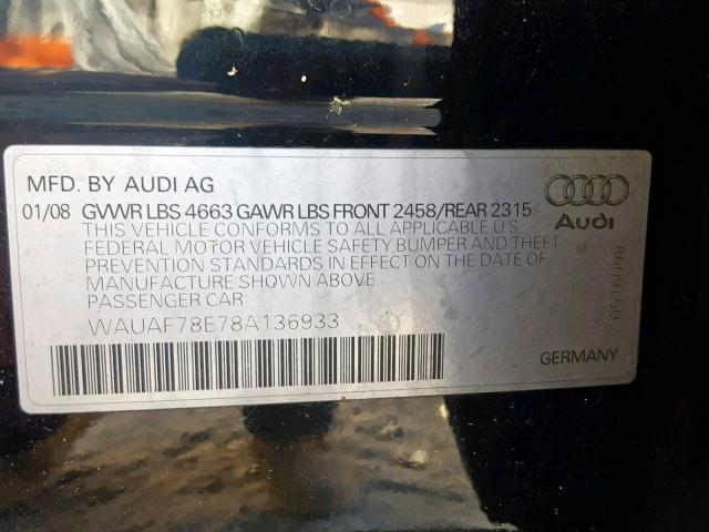 WAUAF78E78A136933 - 2008 AUDI A4 2.0T BLACK photo 10