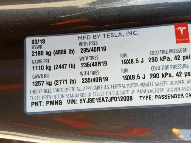 5YJ3E1EA7JF012008 - 2018 TESLA MODEL 3 GRAY photo 10