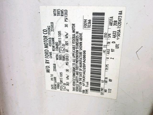 1FTKR1AD2BPA08696 - 2011 FORD RANGER WHITE photo 10