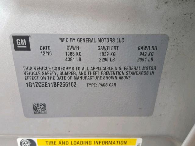 1G1ZC5E11BF266102 - 2011 CHEVROLET MALIBU 1LT 银色 照片 10