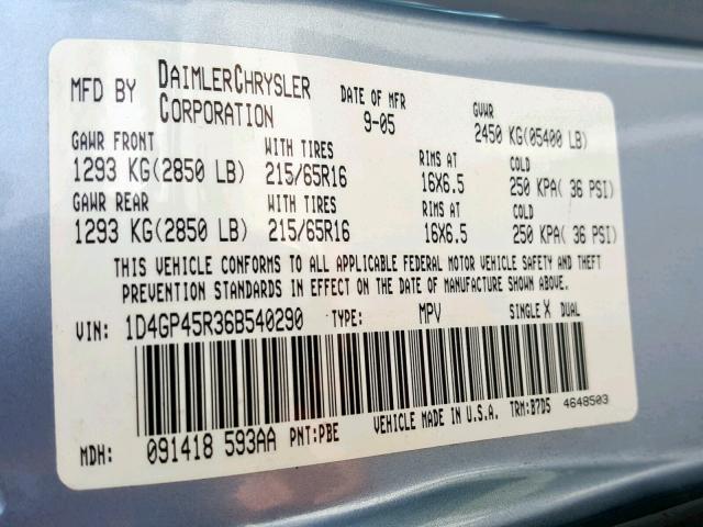 1D4GP45R36B540290 - 2006 DODGE CARAVAN SX BLUE photo 10