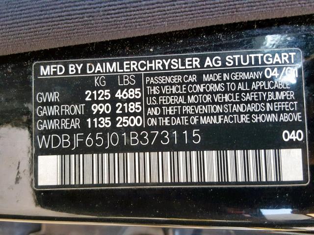 WDBJF65J01B373115 - 2001 MERCEDES-BENZ E 320 BLACK photo 10