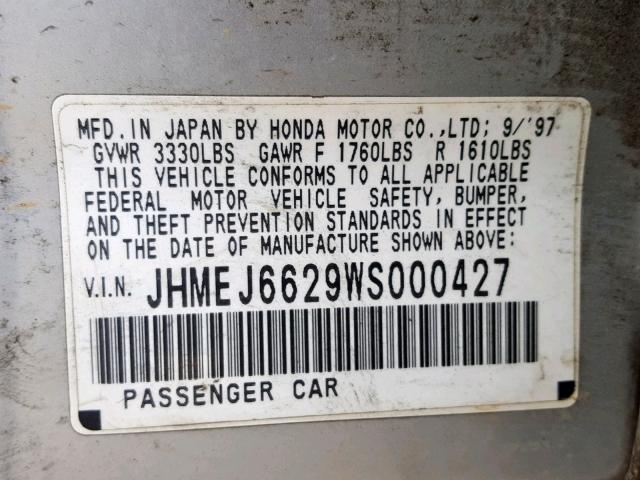 JHMEJ6629WS000427 - 1998 HONDA CIVIC DX SILVER photo 10