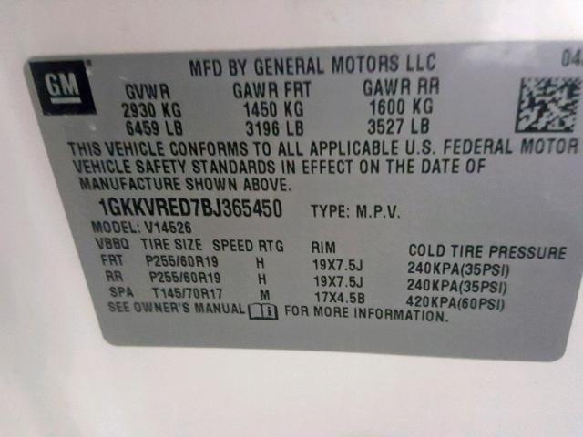 1GKKVRED7BJ365450 - 2011 GMC ACADIA SLT WHITE photo 10