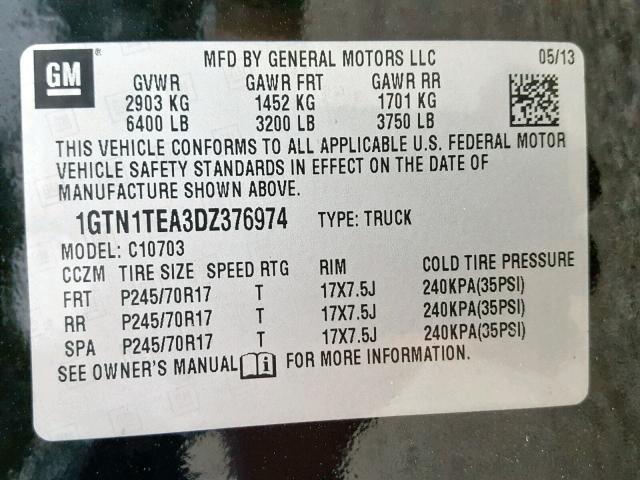 1GTN1TEA3DZ376974 - 2013 GMC SIERRA C15 BLACK photo 10