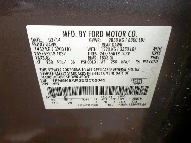 1FM5K8AR3EGC02045 - 2014 FORD EXPLORER P GRAY photo 10