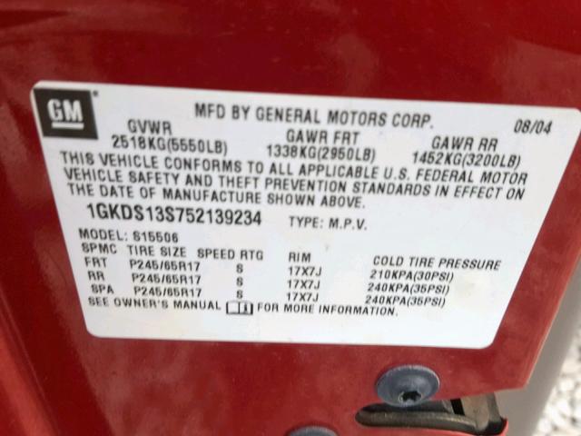 1GKDS13S752139234 - 2005 GMC ENVOY RED photo 10