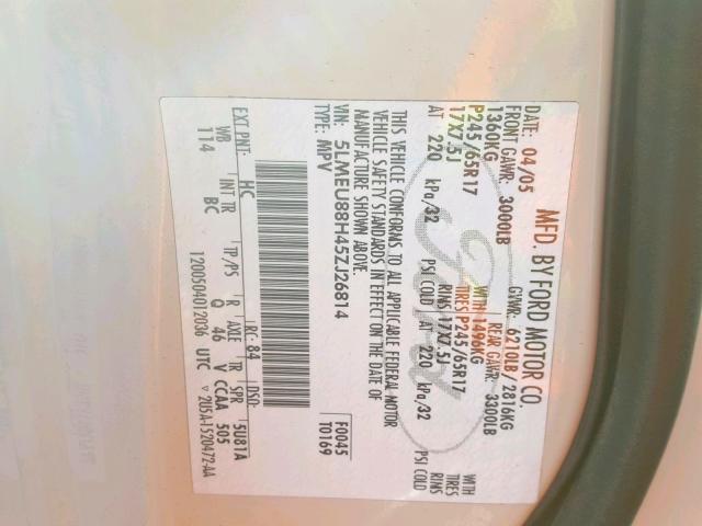 5LMEU88H45ZJ26814 - 2005 LINCOLN AVIATOR კრემისფერი ფოტო 10