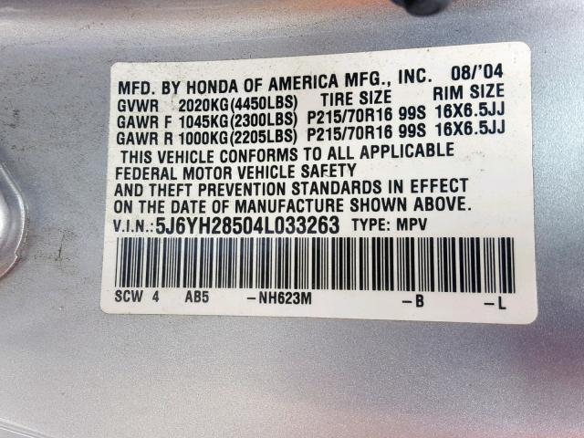 5J6YH28504L033263 - 2004 HONDA ELEMENT EX SILVER photo 10