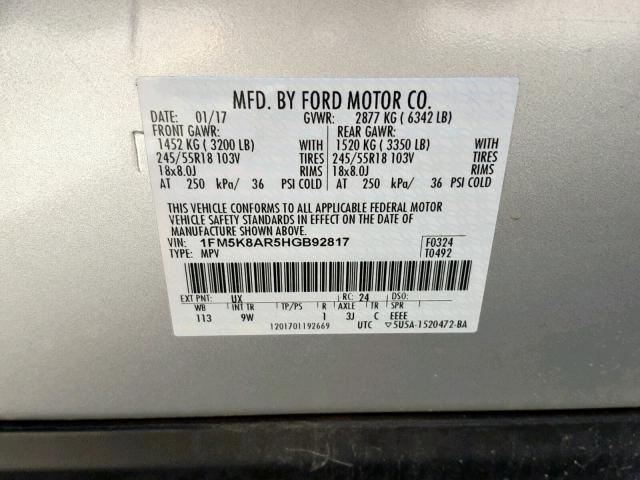 1FM5K8AR5HGB92817 - 2017 FORD EXPLORER P SILVER photo 10