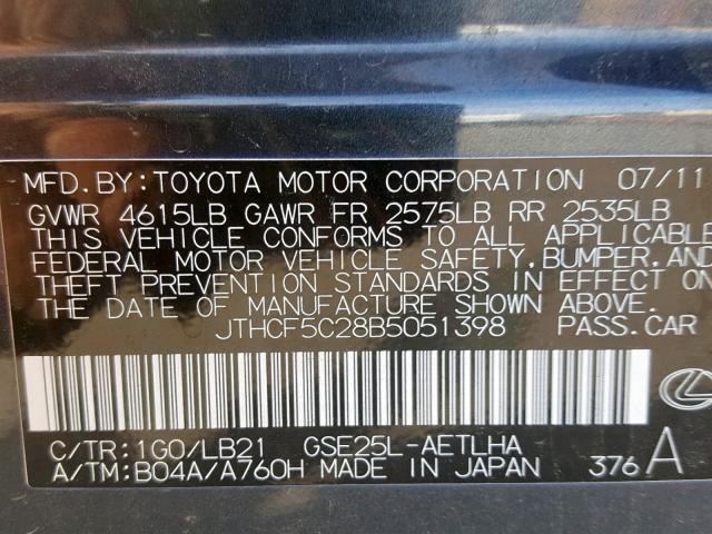 JTHCF5C28B5051398 - 2011 LEXUS IS 250 GRAY photo 10