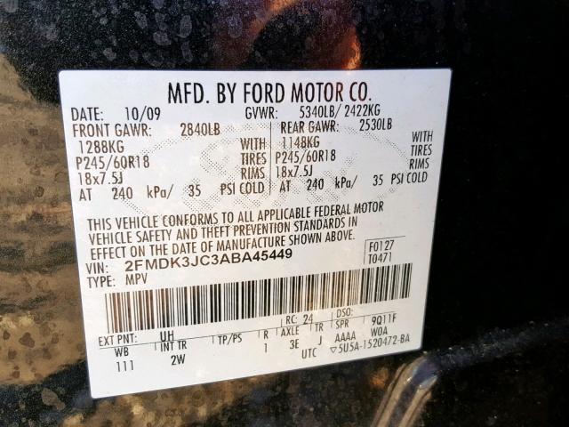 2FMDK3JC3ABA45449 - 2010 FORD EDGE SEL BLACK photo 10