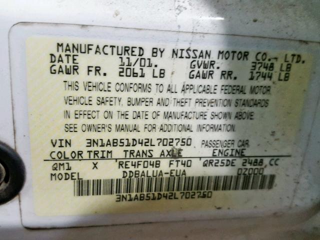 3N1AB51D42L702750 - 2002 NISSAN SENTRA SE- WHITE photo 10