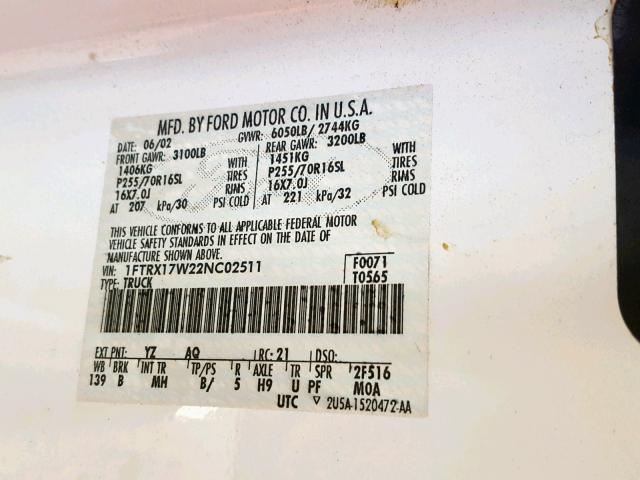 1FTRX17W22NC02511 - 2002 FORD F150 WHITE photo 10