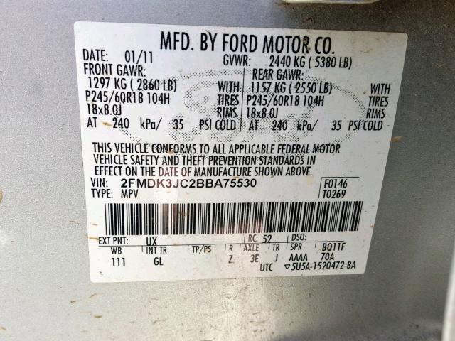 2FMDK3JC2BBA75530 - 2011 FORD EDGE SEL GRAY photo 10