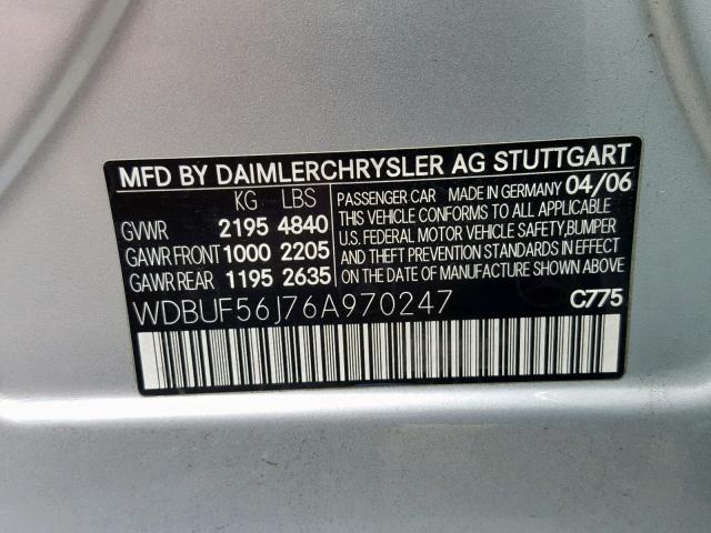 WDBUF56J76A970247 - 2006 MERCEDES-BENZ E 350 SILVER photo 10