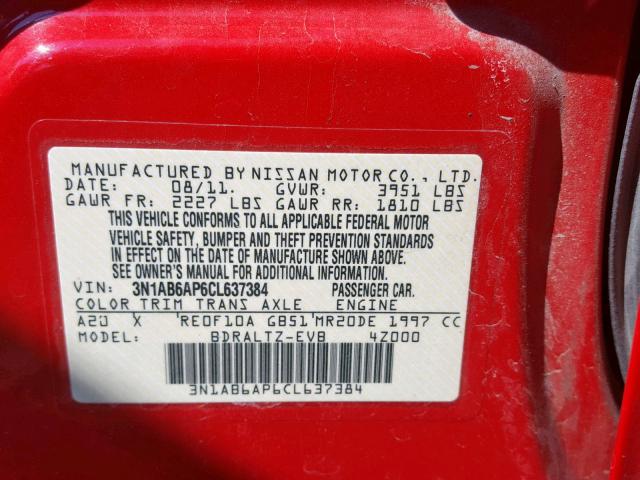 3N1AB6AP6CL637384 - 2012 NISSAN SENTRA 2.0 RED photo 10