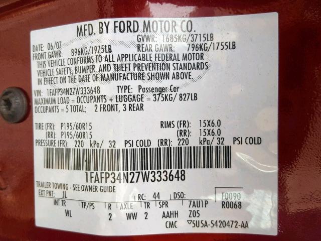 1FAFP34N27W333648 - 2007 FORD FOCUS ZX4 BLACK photo 10