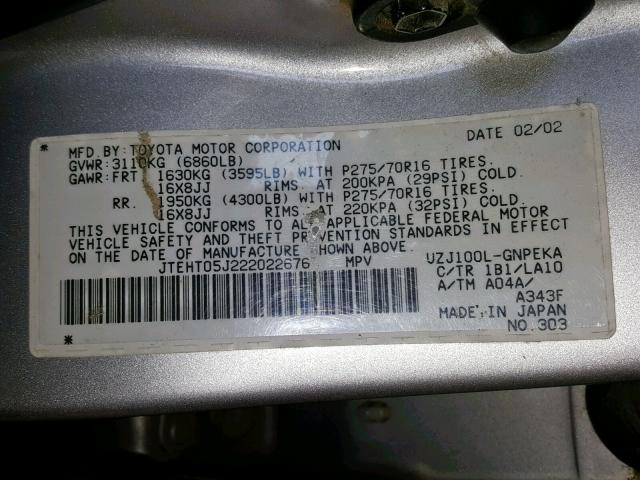 JTEHT05J222022676 - 2002 TOYOTA LAND CRUIS SILVER photo 10