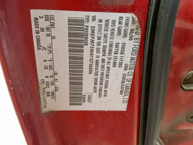 2MEFM75W8YX736006 - 2000 MERCURY GRAND MARQ RED photo 10