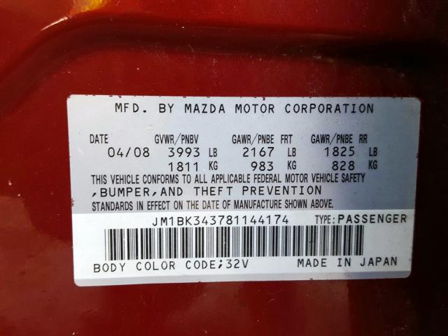 JM1BK343781144174 - 2008 MAZDA 3 HATCHBACK  photo 10