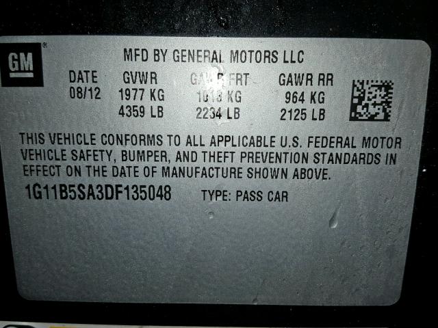 1G11B5SA3DF135048 - 2013 CHEVROLET MALIBU LS BLACK photo 10