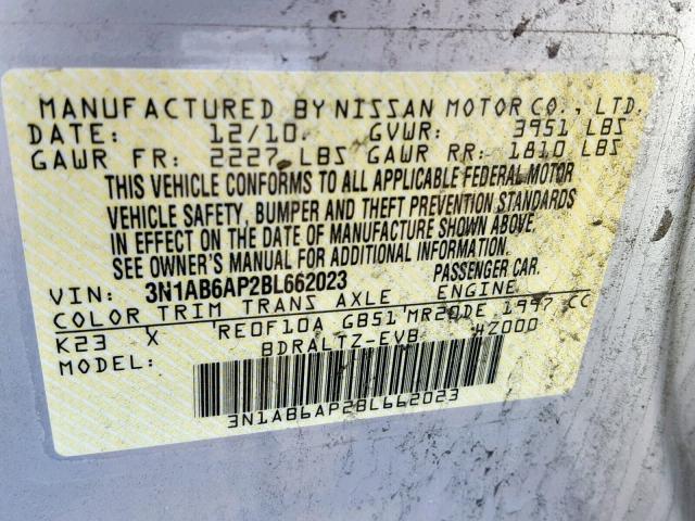 3N1AB6AP2BL662023 - 2011 NISSAN SENTRA 2.0 GRAY photo 10