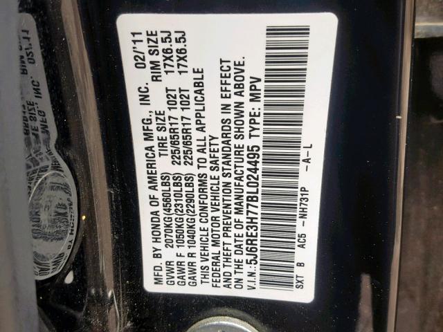 5J6RE3H77BL024495 - 2011 HONDA CR-V EXL BLACK photo 10