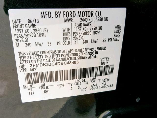 2FMDK3JC4DBC48483 - 2013 FORD EDGE SEL BLACK photo 10