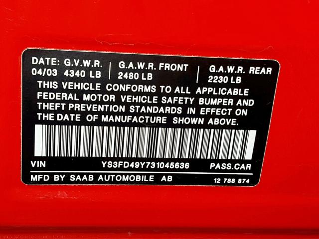 YS3FD49Y731045636 - 2003 SAAB 9-3 ARC RED photo 10