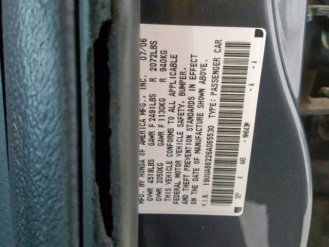 19UUA66226A065530 - 2006 ACURA 3.2TL GRAY photo 10