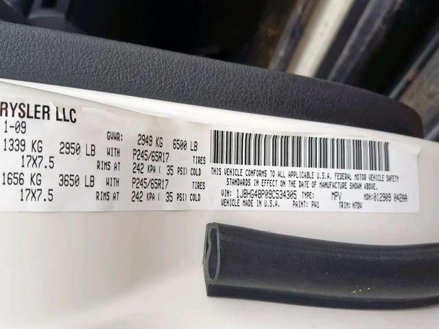 1J8HG48P09C534305 - 2009 JEEP COMMANDER 白色 照片 10