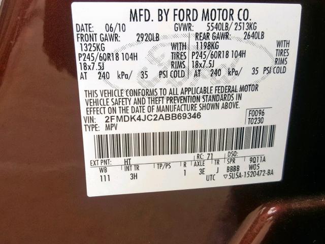 2FMDK4JC2ABB69346 - 2010 FORD EDGE SEL MAROON photo 10