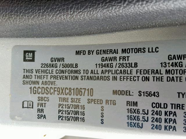 1GCDSCF9XC8106710 - 2012 CHEVROLET COLORADO L SILVER photo 10