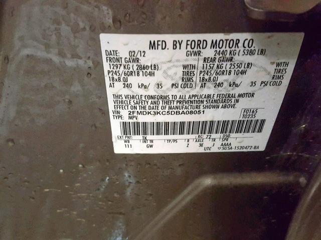 2FMDK3KC5DBA08051 - 2013 FORD EDGE LIMIT GRAY photo 10